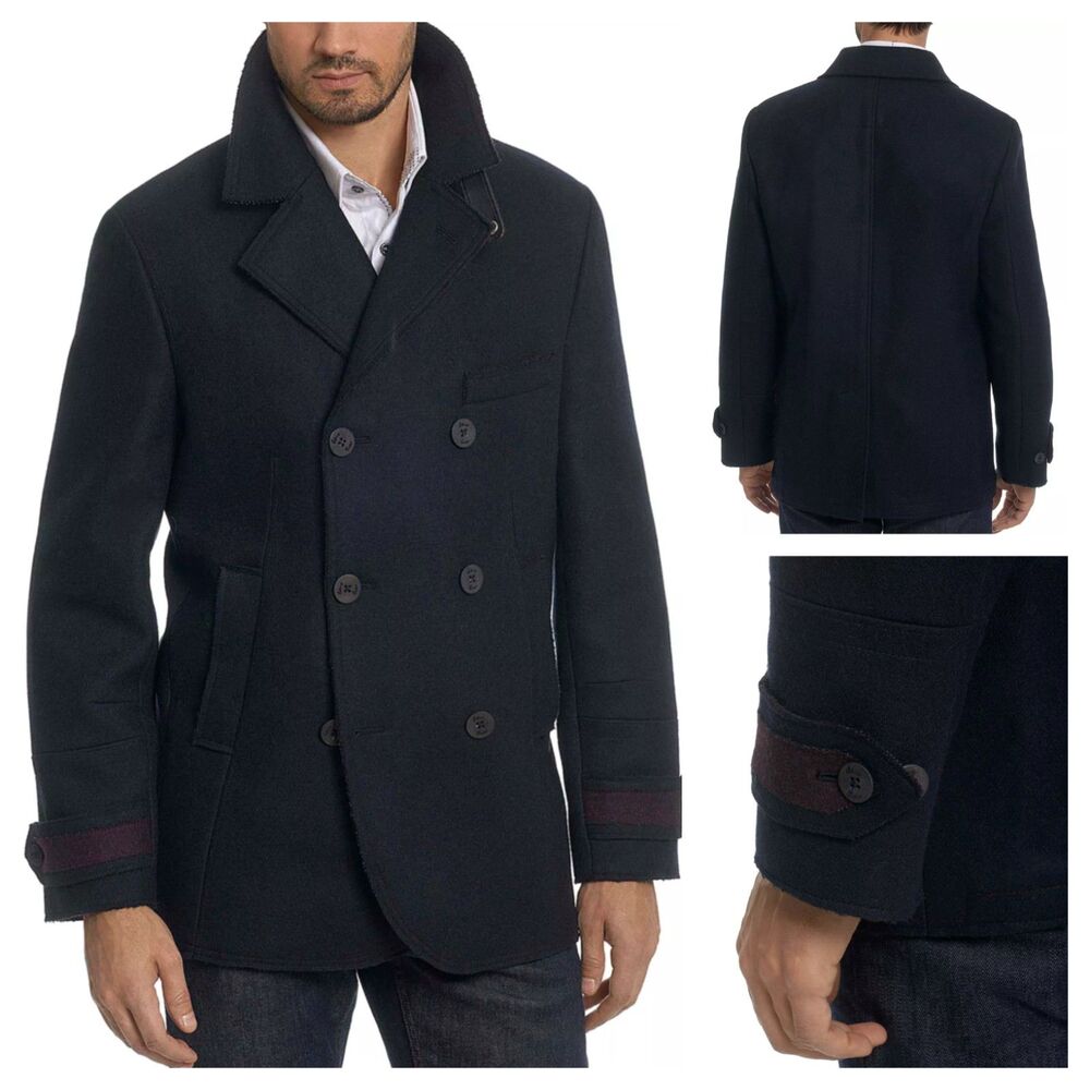 Robert Graham Peacoat Men's L Wool Blend Double Breasted Navy Military Coat
